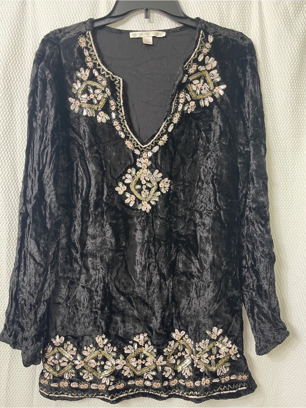 Boston Proper Black Velvet Tunic with Beaded Floral Embroidery